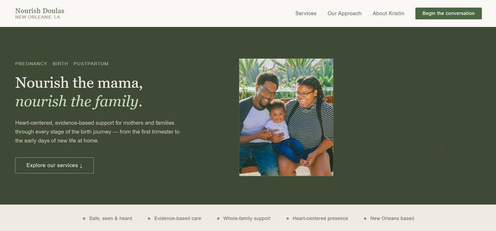 Nourish Doulas website homepage